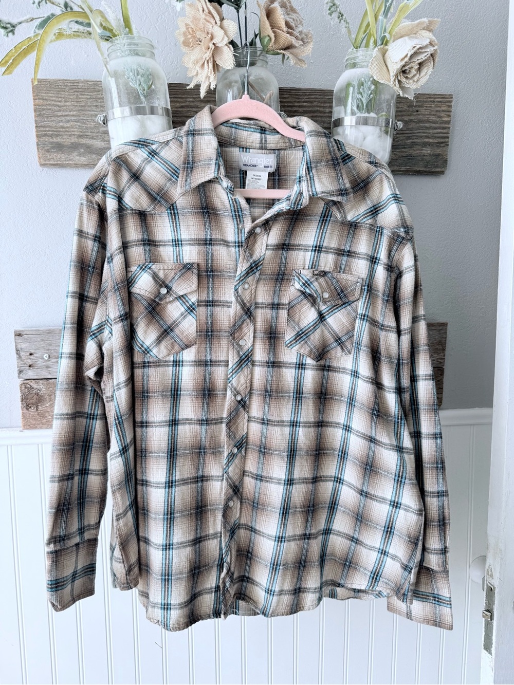 Wrangler Beige Plaid Button-Down Shirt with Teal Stripes